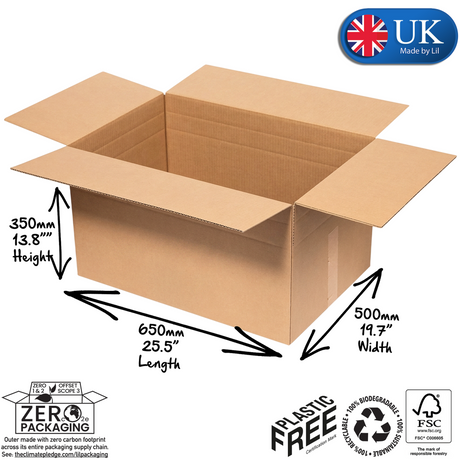 An open brown cardboard box shown on a white background with measurement arrows and labels indicating 650mm length, 500mm width, and 350mm height. A UK Made in UK badge appears in the top right, and zero-padding and plastic-free packaging icons appear along the bottom.