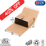 Cardboard box with dimensions and sustainability labels on a white background, featuring a 40% off banner and UK Made by LIL logo.