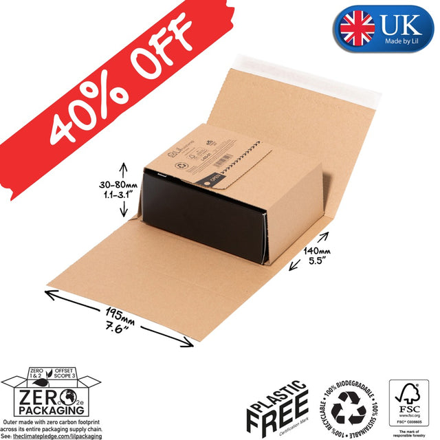 Cardboard box with dimensions and sustainability labels on a white background, featuring a 40% off banner and UK Made by LIL logo.