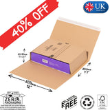 Cardboard box with dimensions and eco-friendly labels on a white background