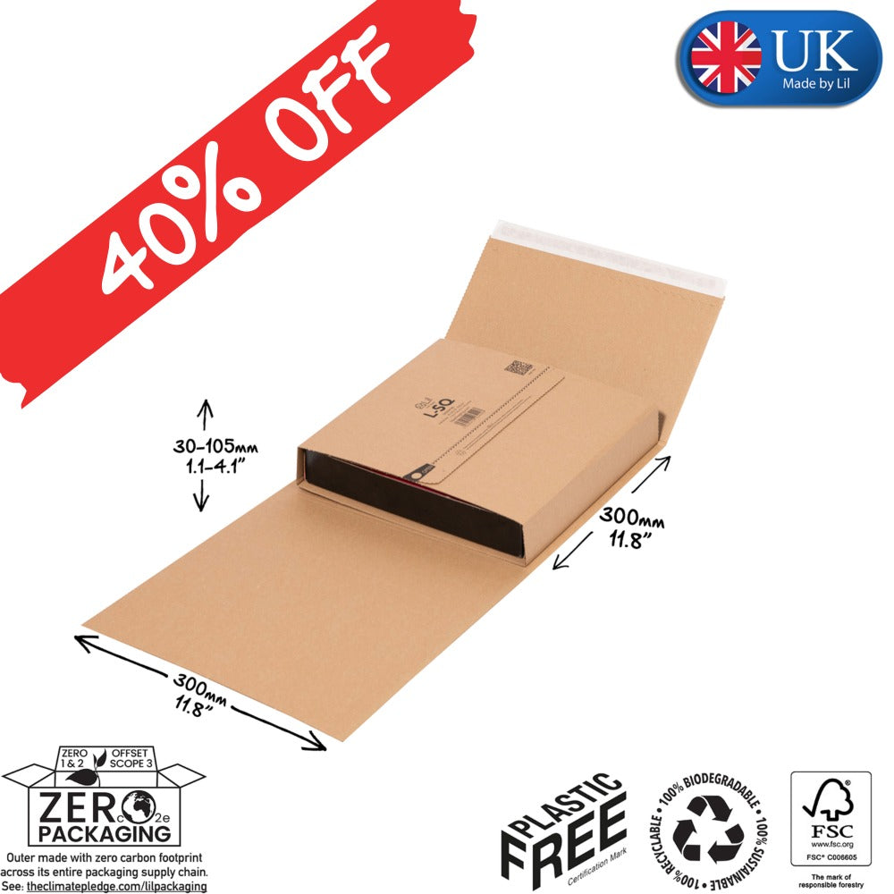 Cardboard box with dimensions and '40% Off' label, made in the UK, zero packaging, plastic-free, and FSC certified.