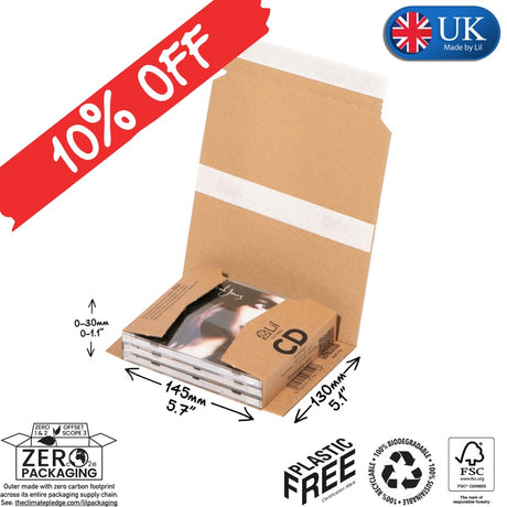 Cardboard packaging with dimensions and sustainability labels, including a 10% off banner and UK Made by LIL logo.