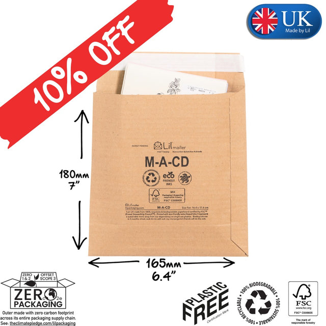 Kraft paper envelope with dimensions and sustainability certifications on a white background