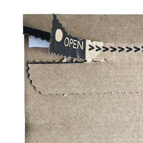 Cardboard box with a 'Open' label on a white background
