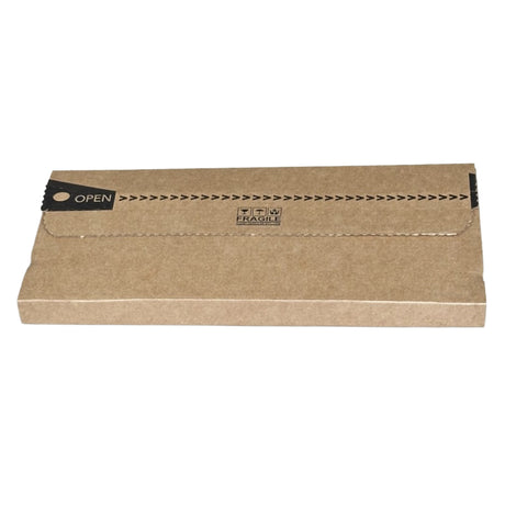 Brown cardboard box with 'Open' and 'Fragile' labels on a white background