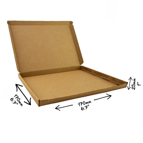 Open pizza-style cardboard box with dimensions 170mm x 170mm x 25mm labelled on a white background - FSC certified packaging from Lil Packaging