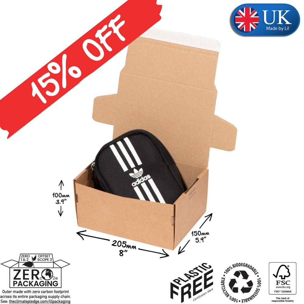 Black Adidas bag in a cardboard box with '15% Off' banner, UK Made by Ll logo, and sustainability icons.