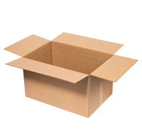 An open brown cardboard box with flaps extended, shown on a plain white background.