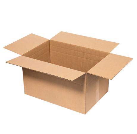 An open brown cardboard box with flaps extended, shown on a plain white background.