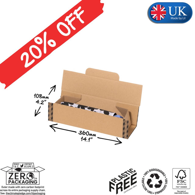 Cardboard box with measurements and sustainability labels on a white background