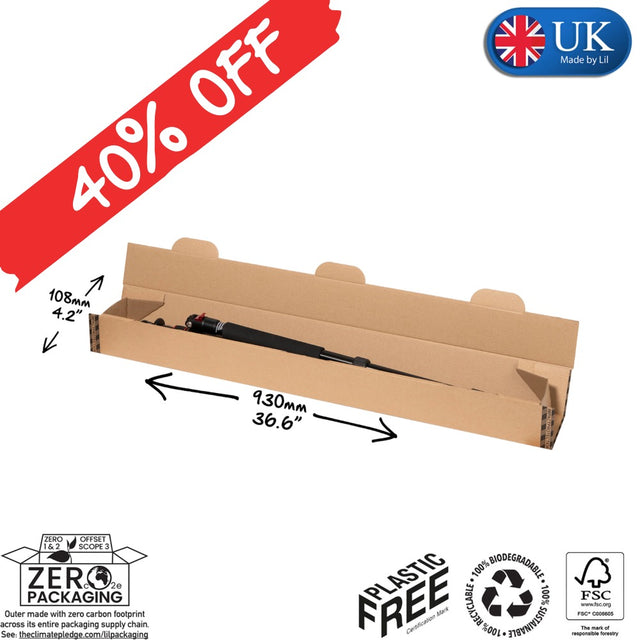 Cardboard packaging with fishing rod, UK Made by Lil logo, 40% off banner, and sustainability labels.