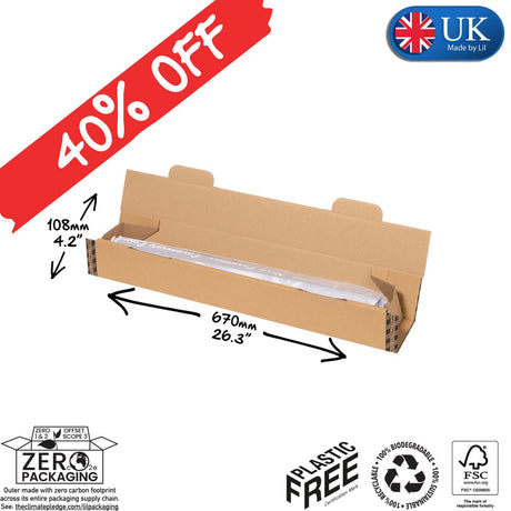 Cardboard box with dimensions and plastic-free certification on a white background