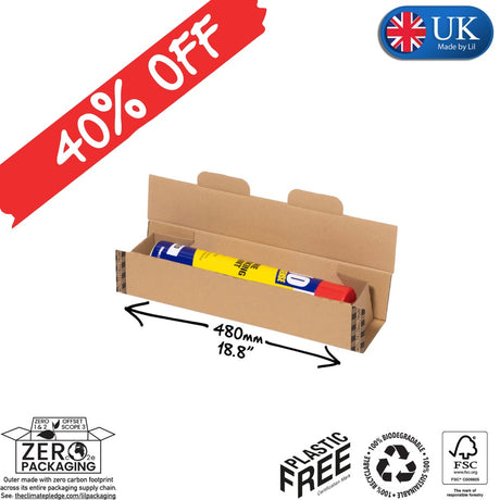 Cardboard packaging with a roll of paper, featuring a 40% off banner, UK Made by LIL logo, and sustainability certifications.