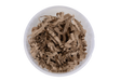 Brown kraft shredded paper filler inside a clear paper round container, shown from a top-down view on a white background.

