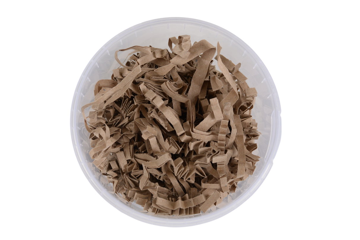 Brown kraft shredded paper filler inside a clear paper round container, shown from a top-down view on a white background.

