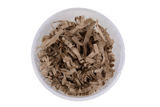 Brown kraft shredded paper filler inside a clear paper round container, shown from a top-down view on a white background.

