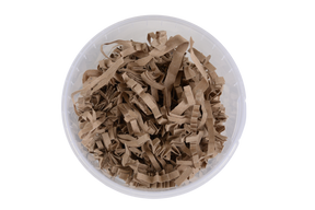 Brown kraft shredded paper filler inside a clear paper round container, shown from a top-down view on a white background.

