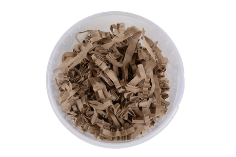 Brown kraft shredded paper filler inside a clear paper round container, shown from a top-down view on a white background.

