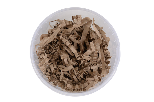 Brown kraft shredded paper filler inside a clear paper round container, shown from a top-down view on a white background.

