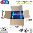 Cardboard box with Oral-B toothbrushes, labeled as height adjustable to minimize voidfill, made by UK company, plastic-free, and FSC certified.