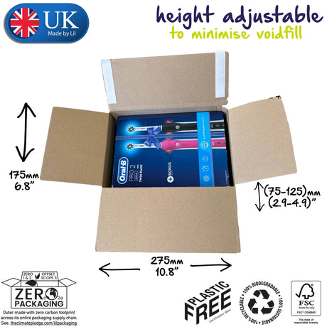 Cardboard box with Oral-B toothbrushes, labeled as height adjustable to minimize voidfill, made by UK company, plastic-free, and FSC certified.