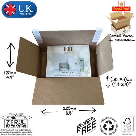 Cardboard box with EII Starter Kit inside, labeled for small parcel dimensions, plastic-free, and zero packaging.
