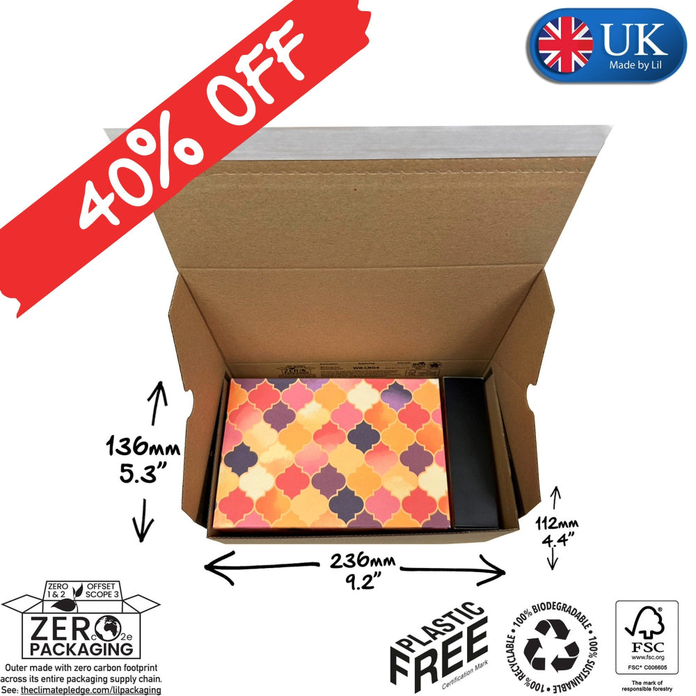 Cardboard box with a colorful patterned box inside, labeled '40% Off' and 'Made by UK'.