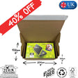 Cardboard box with a product inside, featuring '40% Off' and 'Plastic Free' labels on a white background.