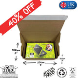 Cardboard box with a product inside, featuring '40% Off' and 'Plastic Free' labels on a white background.