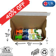 Box with hair wash bottles, UK made badge, and 40% off banner.