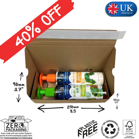 Box with hair wash bottles, UK made badge, and 40% off banner.