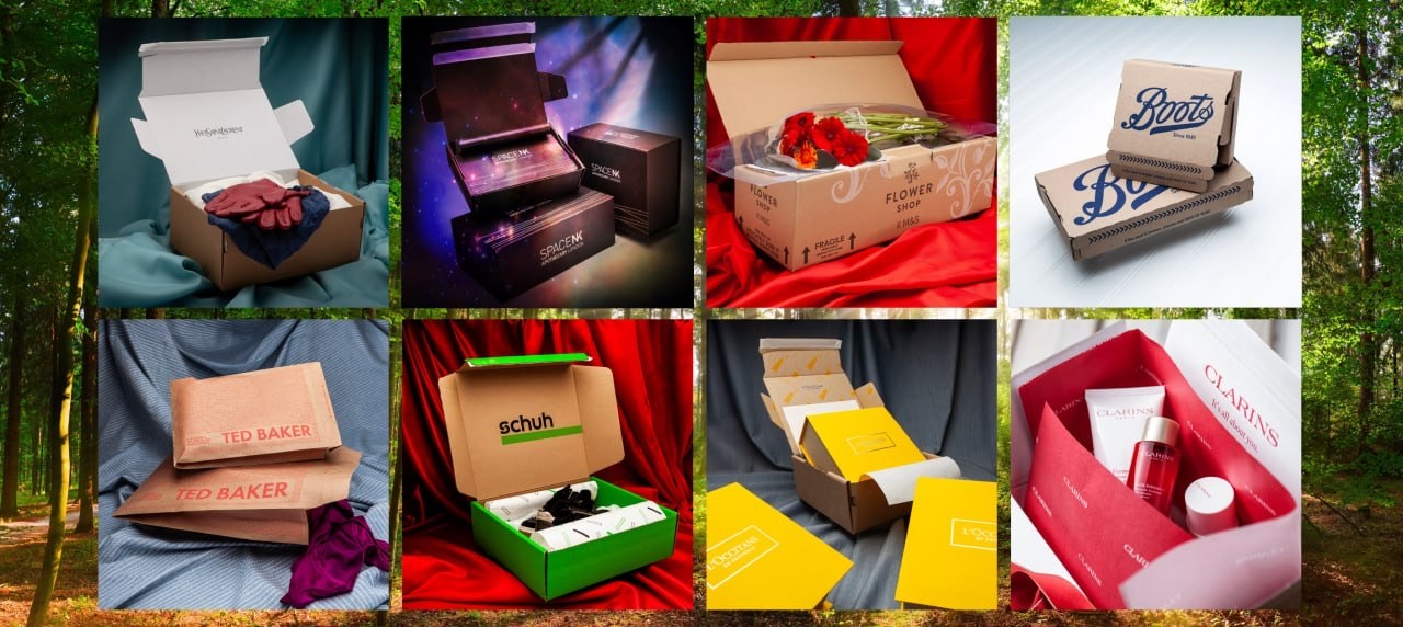 Collage of various boxes with different products and designs, set against a natural background.